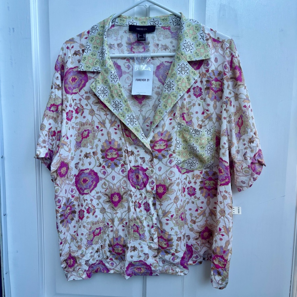 Forever 21 Pink and Cream Floral Button Down Pajama Top